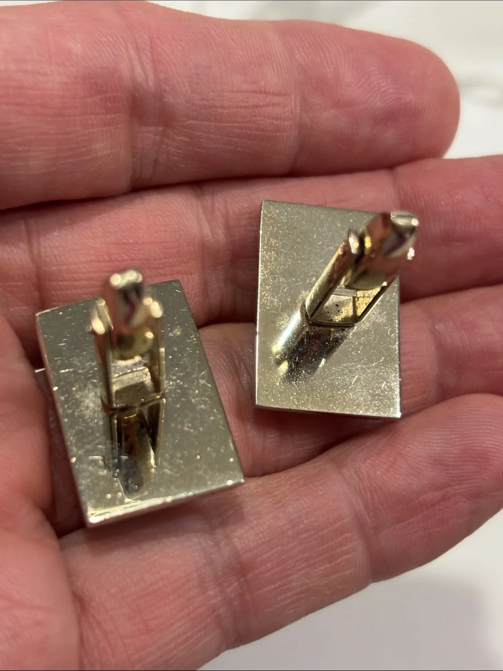 Rectangular Gold-Tone Cuff Links with Green Oval Stone Men’s Cufflinks